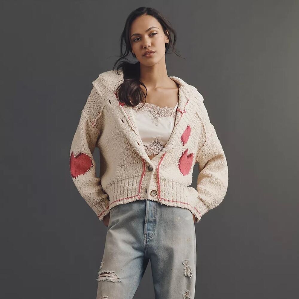 Pilcro Candy Heart Collared Long-Sleeve Cardigan Sweater